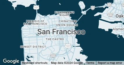 Map of San Francisco highlighting key areas such as Fisherman's Wharf, Chinatown, Union Square, The Castro, Sunset District, and the Presidio of San Francisco—ideal spots for exploring or utilizing dog walking services.