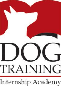 Red and white logo of Dog Training Internship Academy, featuring a silhouette of a dog with an open book background, ideal for aspiring trainers and dog walkers.