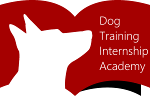 Red and white logo of Dog Training Internship Academy featuring a silhouette of a dog's head in front of an open book.